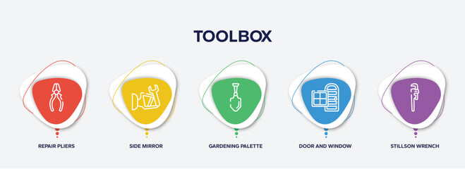 infographic element template with toolbox outline icons such as repair pliers, side mirror, gardening palette, door and window, stillson wrench vector.