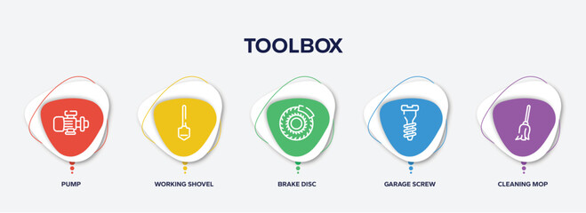 infographic element template with toolbox outline icons such as pump, working shovel, brake disc, garage screw, cleaning mop vector.