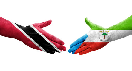 Handshake between Equatorial Guinea and Trinidad Tobago flags painted on hands, isolated transparent image.