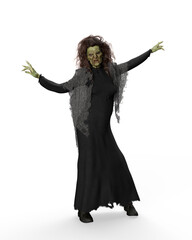 Fototapeta premium 3D rendering of an old hag Halloween witch in black dress isolated on a transparent background.