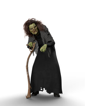 Old hag Halloween witch in torn black dress leaning on a wooden walking stick. 3D illustration isolated on a transparent background.