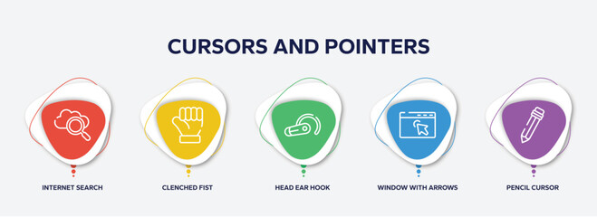 infographic element template with cursors and pointers outline icons such as internet search, clenched fist, head ear hook, window with arrows, pencil cursor vector.