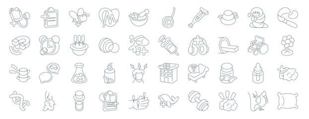 Obraz na płótnie Canvas set of 40 outline web therapy icons such as medical report, magnet, backbone, genetic, wheelchair, painting, hypis icons for report, presentation, diagram, web design, mobile app