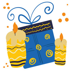 Cartoon candles and gift box with ribbon icon design template. Burning decorative orange and yellow wax candles image for Halloween, Happy Birthday, Christmas invitations or congratulations.