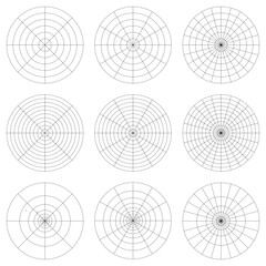 Black polar grid, concentric circles, radial dividers. Mandala template. Isolated vector, png illustration, transparent background. Asset for pattern, overlay, montage, collage, charts, guide. 