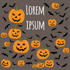 Many of Jack s lamps on a gray background with bats. Vector graphics