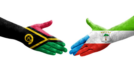 Handshake between Equatorial Guinea and Vanuatu flags painted on hands, isolated transparent image.