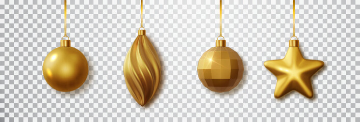 Gold Christmas toy set with isolated on transparent background. Realistic hanging gold christmas decor