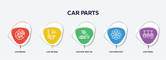 infographic element template with car parts outline icons such as car brake, car air bag, seat belt or safety belt, sprocket, pedal vector.