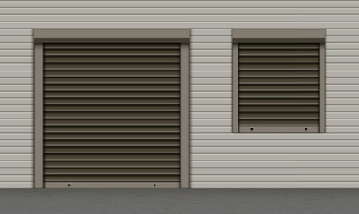 Black closed roller garage shutter door and window with realistic texture on grey facade. Metal protect system for shops and stores. Vector illustration of steel gate of warehouse. Roller up blinds