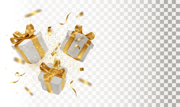 Gift 3d boxes with golden ribbon and bow and confetti , isolated on transparent background. Blank for a holiday banner or postcard.