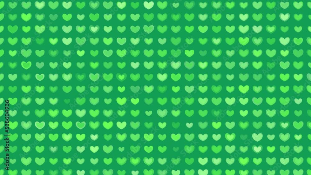 Wall mural heart-shaped neon lights blink and scroll from below on a green background.
