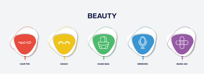 infographic element template with beauty outline icons such as hair pin, grace, hand bag, mirrors, band aid vector.