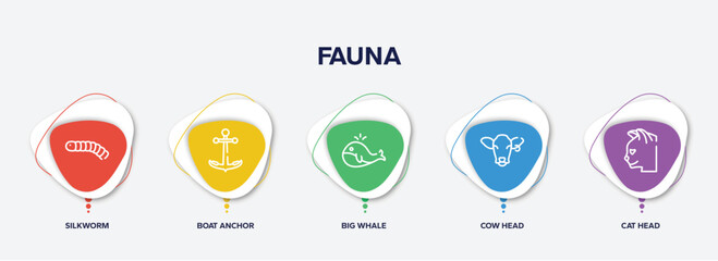 infographic element template with fauna outline icons such as silkworm, boat anchor, big whale, cow head, cat head vector.