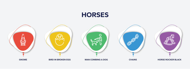 infographic element template with horses outline icons such as gnome, bird in broken egg, man combing a dog, chains, horse rocker black vector.