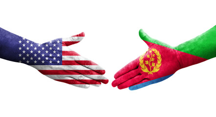 Handshake between Eritrea and USA flags painted on hands, isolated transparent image.