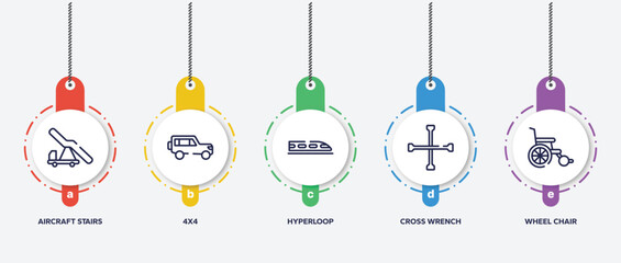 infographic element template with airport outline icons such as aircraft stairs, 4x4, hyperloop, cross wrench, wheel chair vector.