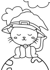 Cute Cat Witch Colorijng Pages A4 for Kids and Adult