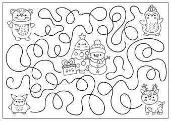 Christmas black and white maze for kids. Winter line holiday preschool printable activity with cute kawaii deer, penguin, bear, tree, snowman. New Year labyrinth game, puzzle or coloring page.