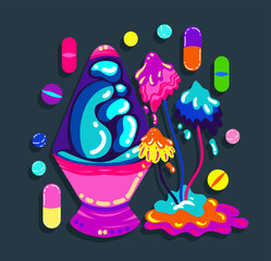 Acid abstract characters and objects. Psychedelic Decorative Templates. Vector illustration surreal acid lava lamp, psychedelic mushrooms. Posters and prints for tee