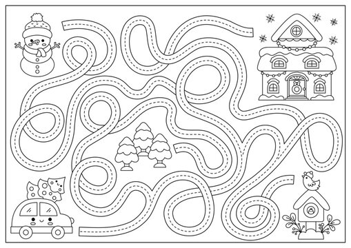 Christmas black and white maze for kids. Winter line holiday preschool printable activity with cute kawaii car, tree, decorated house. New Year labyrinth game, puzzle or coloring page.