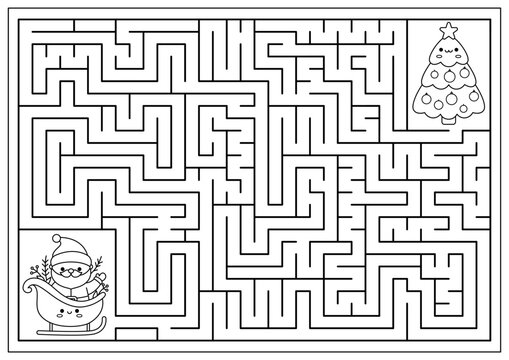 Christmas black and white maze for kids. Winter line holiday preschool printable activity with cute kawaii Santa Claus on sleigh, decorated tree. New Year labyrinth game, puzzle or coloring page.