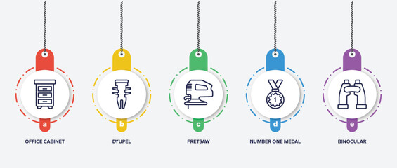 infographic element template with general outline icons such as office cabinet, dyupel, fretsaw, number one medal, binocular vector.