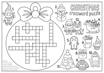 Vector Christmas black and white ball shaped crossword puzzle for kids. Winter kawaii line holiday quiz for children. Educational activity or coloring page. Cute New Year English language cross word.