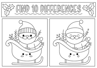Christmas black and white find differences game for children. Attention skills activity with cute Santa Claus on sledge. New Year line puzzle or coloring page for kids. What is different worksheet.