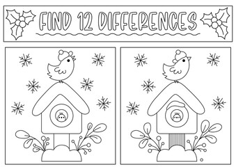 Christmas black and white find differences game for children. Attention skills activity with cute bird house, snowflakes. New Year line puzzle or coloring page for kids. What is different worksheet.