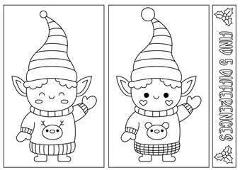 Christmas black and white find differences game for children. Attention skills activity with cute elf in stripy hat. New Year line puzzle or coloring page for kids. What is different worksheet.