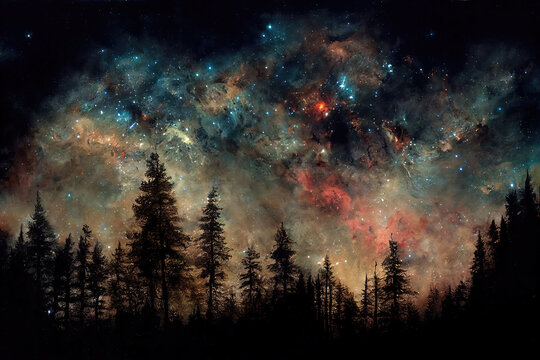 AI generated image of a celestial sky over a large forest. Stars, galaxies, Milky Way 