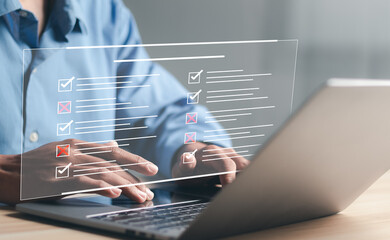 Survey form concept.  Education futuristic technology and learning concept. Check marks on checklist and Filling online form or answering questions.