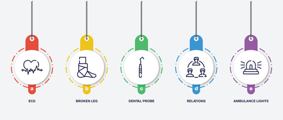 infographic element template with medical kit outline icons such as ecg, broken leg, dental probe, relations, ambulance lights vector.