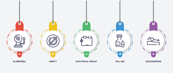 infographic element template with physics outline icons such as alarm bell, empty, electrical circuit, pill jar, acceleration vector.