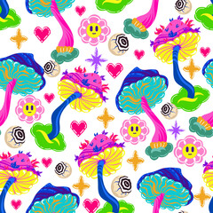 Obraz premium Acid abstract characters and objects. Psychedelic Decorative Templates. Pattern. Light background. Vector illustration surreal psychedelic mushrooms.