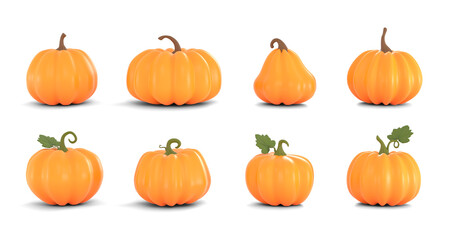 Set of 8 3D realistic pumpkins in cartoon style with leaves on a transparent background. Pumpkins come in different shapes and stems. Fit to the Halloween party and Thanksgiving banner decorations.