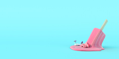 Ice cream melting puddle on baby blue background with giant pink flamingo and peacock floating, empty space on the left, summer concept, 3d rendering, 3d illustration