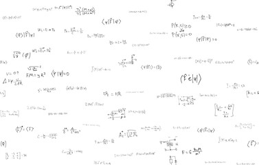 Formulas of astrophysics, quantum mechanics, radio circuits. Scientific, educational background on white. Hand drawn.