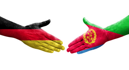 Handshake between Eritrea and Germany flags painted on hands, isolated transparent image.