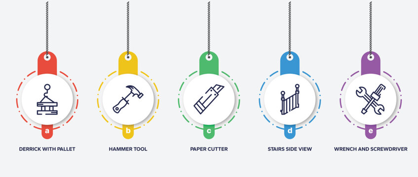 infographic element template with work tools outline icons such as derrick with pallet, hammer tool, paper cutter, stairs side view, wrench and screwdriver cross vector.