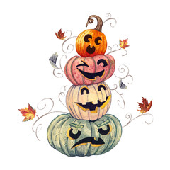 Angry, confused, smiling cute halloween pumpkins. Jack-o'-lantern pumpkins.Watercolor illustration. Various faces carved into hand-drawn pumpkins.Imaginary halloween illustration.
