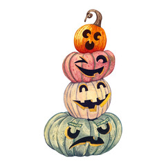 Angry, confused, smiling cute halloween pumpkins. Isolated pumpkins on a white background. Jack-o'-lantern pumpkins.Watercolor illustration. Various faces carved into hand-drawn pumpkins.