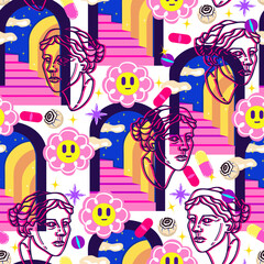 Acid abstract characters and objects. Psychedelic Decorative Templates. Pattern. Light background. Vector illustration surreal portals, Greek head acid backgrounds.