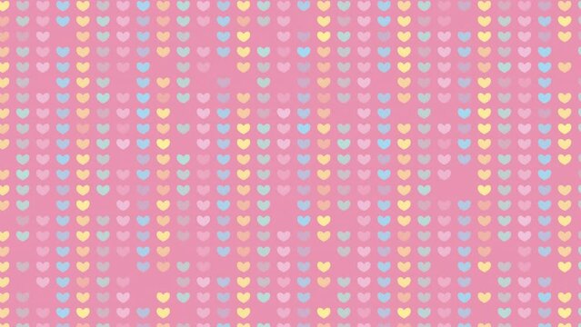 Heart-shaped pastel lights blink and scroll diagonally on a pink background.