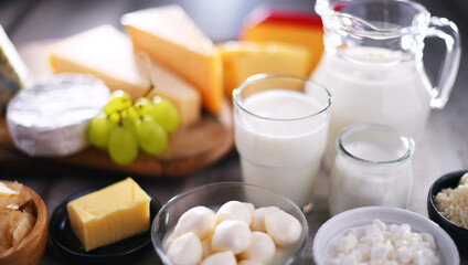 A variety of dairy products including cheese, milk and yogurt
