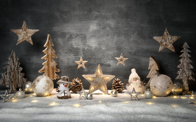 Christmas decoration set with gray stylish background and copy-space, hanging stars and bright...