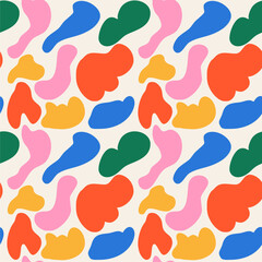 Seamless pattern, colorful and wild abstract doodles on svelo background. Bright colors, cartoon hand drawn. Vector illustration.