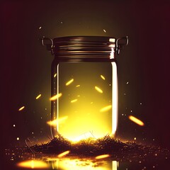Photo featuring a glowing glass jar of fireflies at night in the summertime.