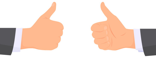 Two hands wearing in business suit  directed towards each other showing  thumbs up gesture. White background. Flat vector illustration.